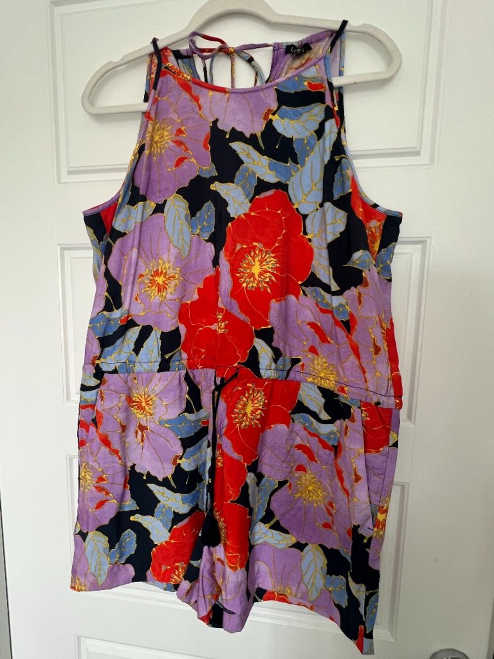 NWT LOFT Floral Halter Romper Womens Size XL Drawstring Waist Purple Red